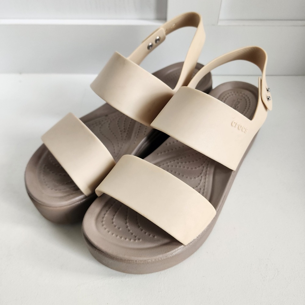 Crocs Brooklyn Low‎ Wedge Sandals Beige Tan Platform Strappy LiteRide Womens 9